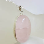 Sterling Silver Rose Quartz Large Cabochon Cut Oval Pendant on Silver Chain