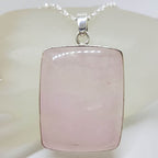 Sterling Silver Rose Quartz Very Large Cabochon Cut Rectangular Pendant on Silver Chain
