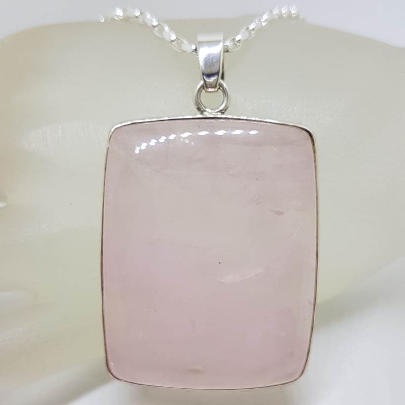 Sterling Silver Rose Quartz Very Large Cabochon Cut Rectangular Pendant on Silver Chain