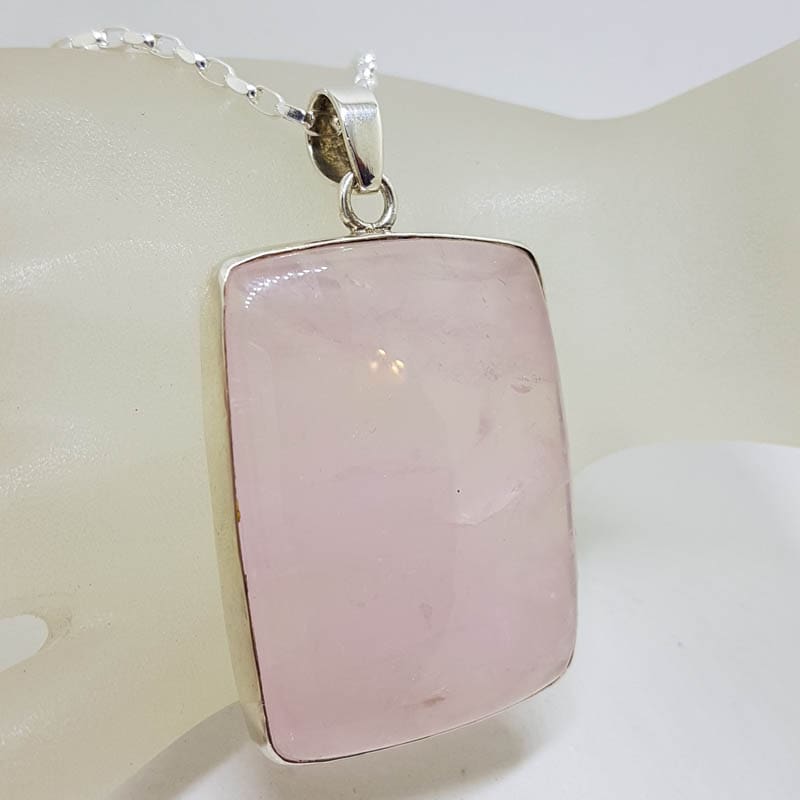 Sterling Silver Rose Quartz Very Large Cabochon Cut Rectangular Pendant on Silver Chain