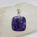 Sterling Silver Charoite Large Square Bezel Set Pendant on Silver Chain