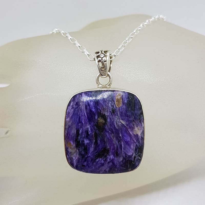 Sterling Silver Charoite Large Square Bezel Set Pendant on Silver Chain