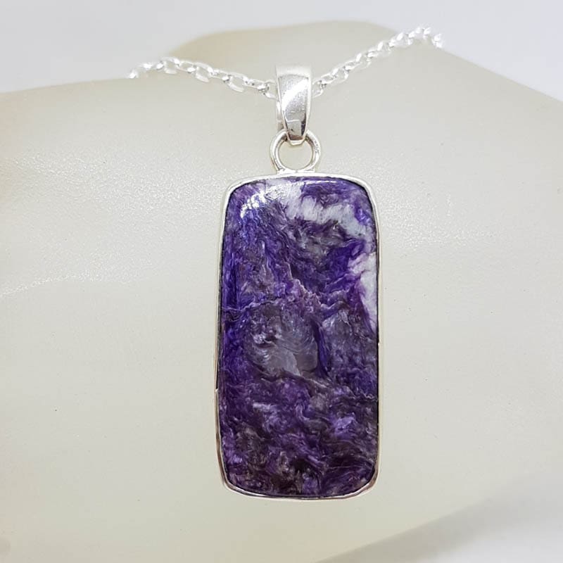 Sterling Silver Charoite Large Rectangular Bezel Set Pendant on Silver Chain