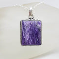 Sterling Silver Charoite Large Square with Twist Patterned Rim Pendant on Silver Chain