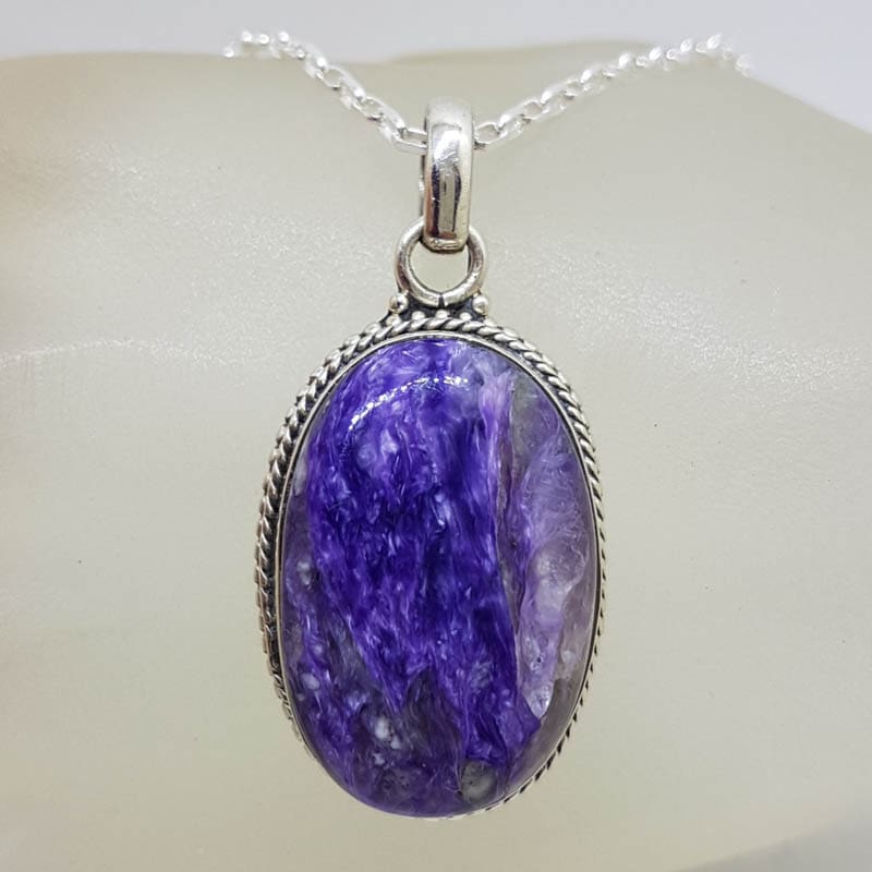 Sterling Silver Charoite Oval with Ornate Twist Rim Pendant on Silver Chain