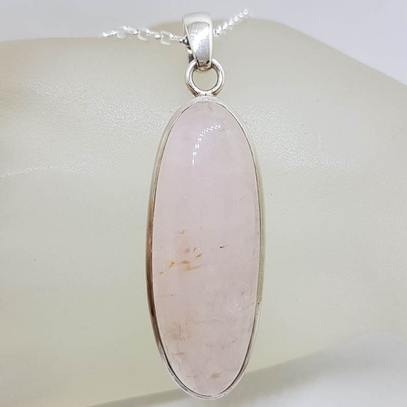 Sterling Silver Rose Quartz Oval Bezel Set Pendant on Silver Chain