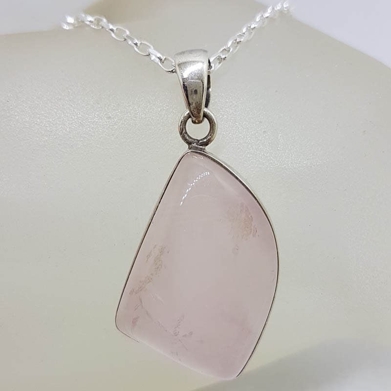 Sterling Silver Rose Quartz Unusual Shape Bezel Set Pendant on Silver Chain