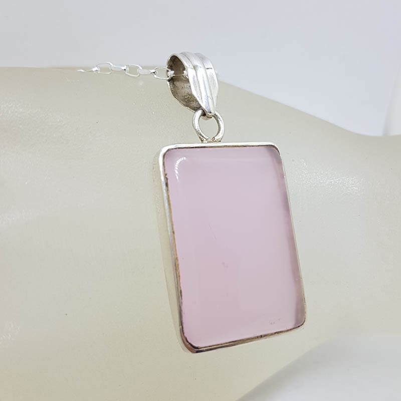 Sterling Silver Rose Quartz Rectangle Bezel Set Pendant on Silver Chain
