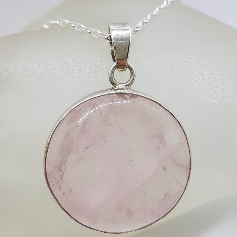 Sterling Silver Rose Quartz Round Bezel Set Pendant on Silver Chain