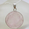 Sterling Silver Rose Quartz Round Bezel Set Pendant on Silver Chain