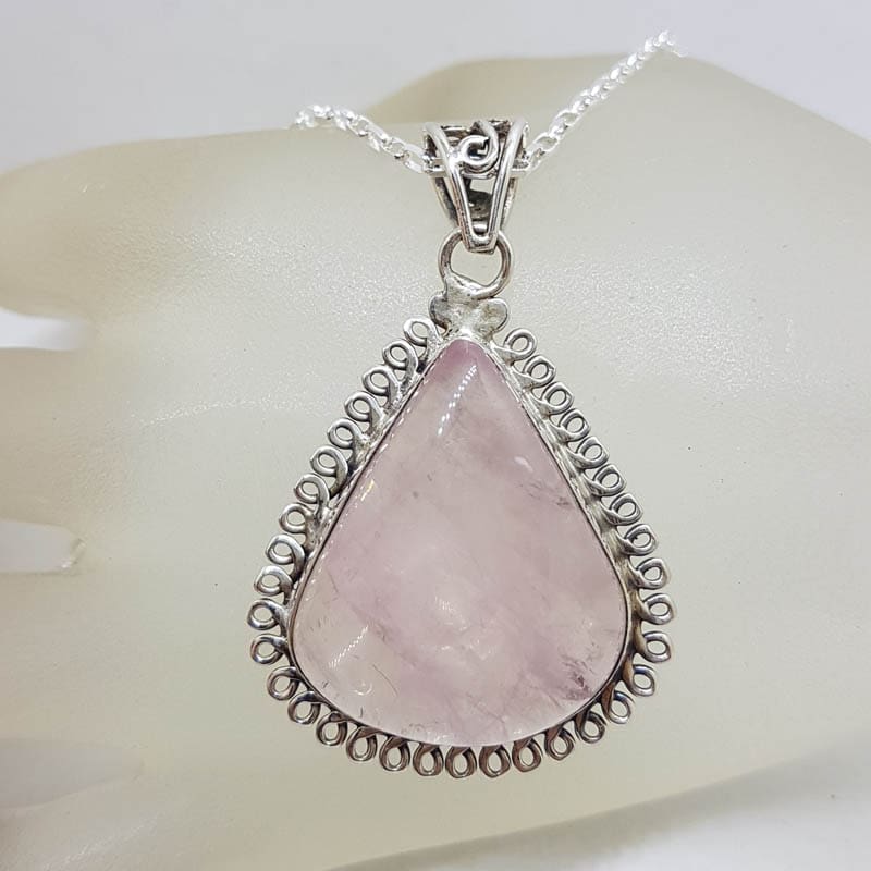 Sterling Silver Rose Quartz Teardrop / Pear Shape with Ornate Twist Rim Pendant on Silver Chain