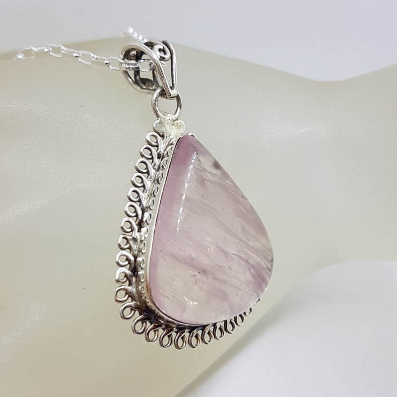 Sterling Silver Rose Quartz Teardrop / Pear Shape with Ornate Twist Rim Pendant on Silver Chain