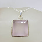 Sterling Silver Rose Quartz Square with Ornate Rim Pendant on Silver Chain