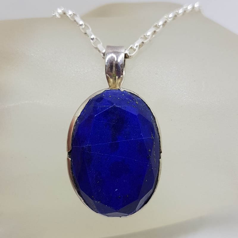 Sterling Silver Lapis Lazuli Large Oval Faceted Stone Pendant on Silver Chain