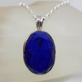 Sterling Silver Lapis Lazuli Large Oval Faceted Stone Pendant on Silver Chain