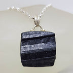 Sterling Silver Black Tourmaline Large Square Bezel Set Pendant on Silver Chain