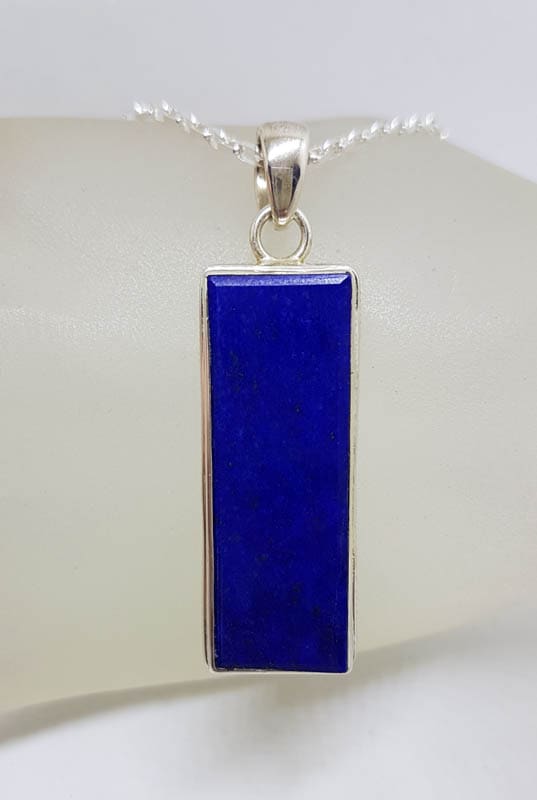 Sterling Silver Lapis Lazuli Long and Heavy Rectangular Stone Pendant on Silver Chain