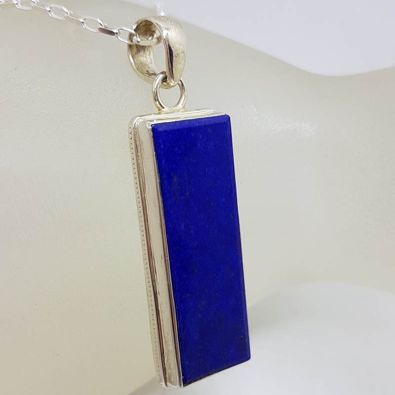 Sterling Silver Lapis Lazuli Long and Heavy Rectangular Stone Pendant on Silver Chain