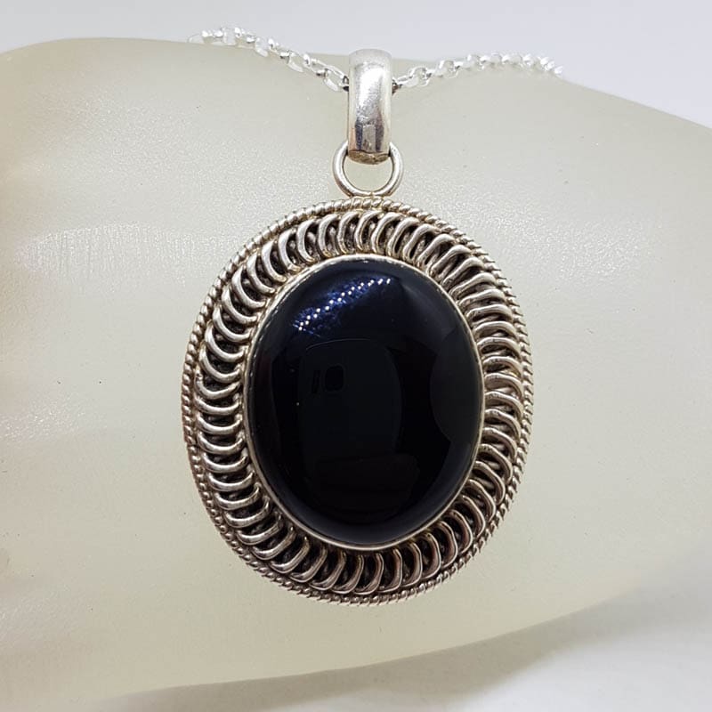 Sterling Silver Onyx Large Oval with Ornate Twist Rim Pendant on Silver Chain