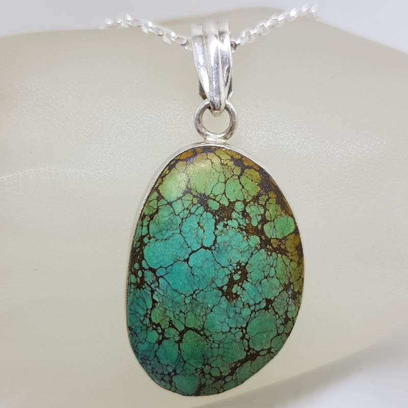 Sterling Silver Natural Turquoise Large Oval / Freeform Shape Pendant on Silver Chain