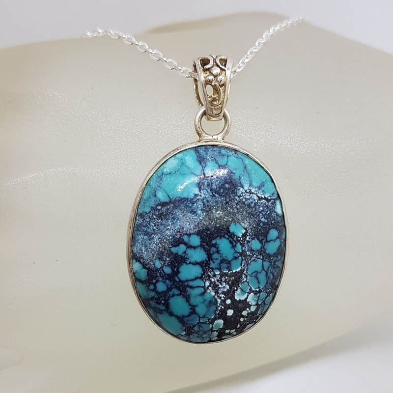 Sterling Silver Natural Turquoise Oval Pendant on Silver Chain