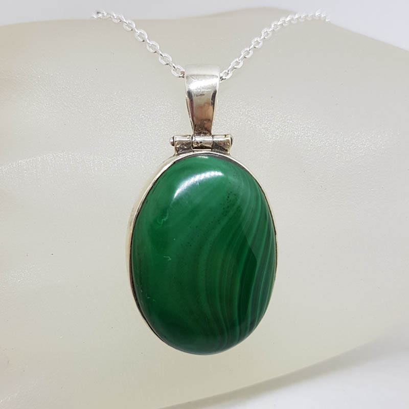 Sterling Silver Malachite Large Oval Bezel Set Pendant on Silver Chain