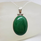 Sterling Silver Malachite Large Oval Bezel Set Pendant on Silver Chain