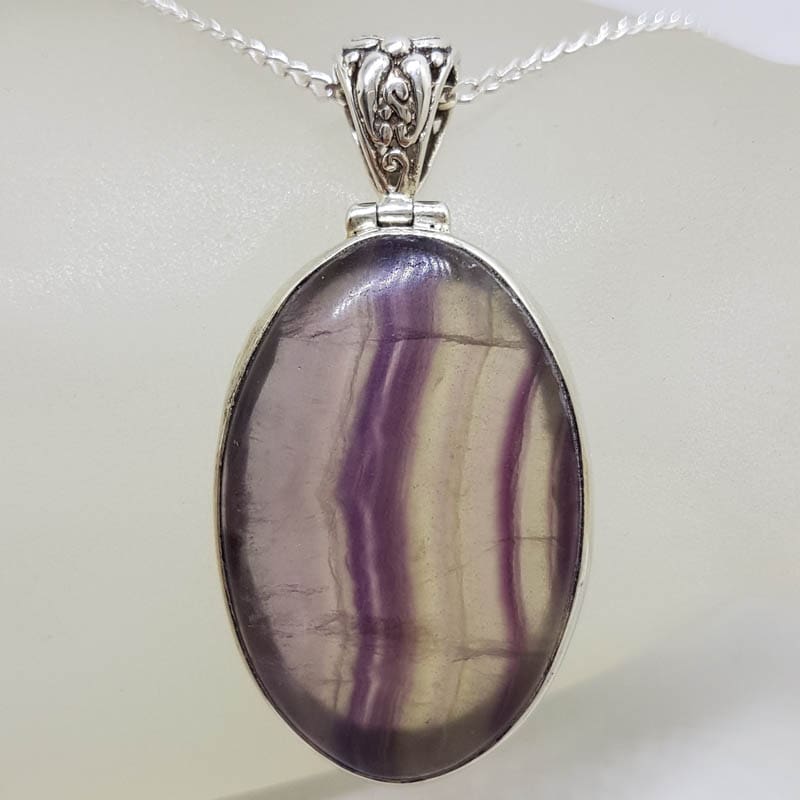 Sterling Silver Fluorite Large Oval Bezel Set Pendant on Silver Chain