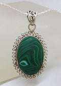 Sterling Silver Malachite Large Oval with Twist Rim Pendant on Silver Chain