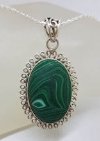 Sterling Silver Malachite Large Oval with Twist Rim Pendant on Silver Chain