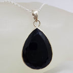 Sterling Silver Onyx Faceted Teardrop / Pear Shape Pendant on Silver Chain