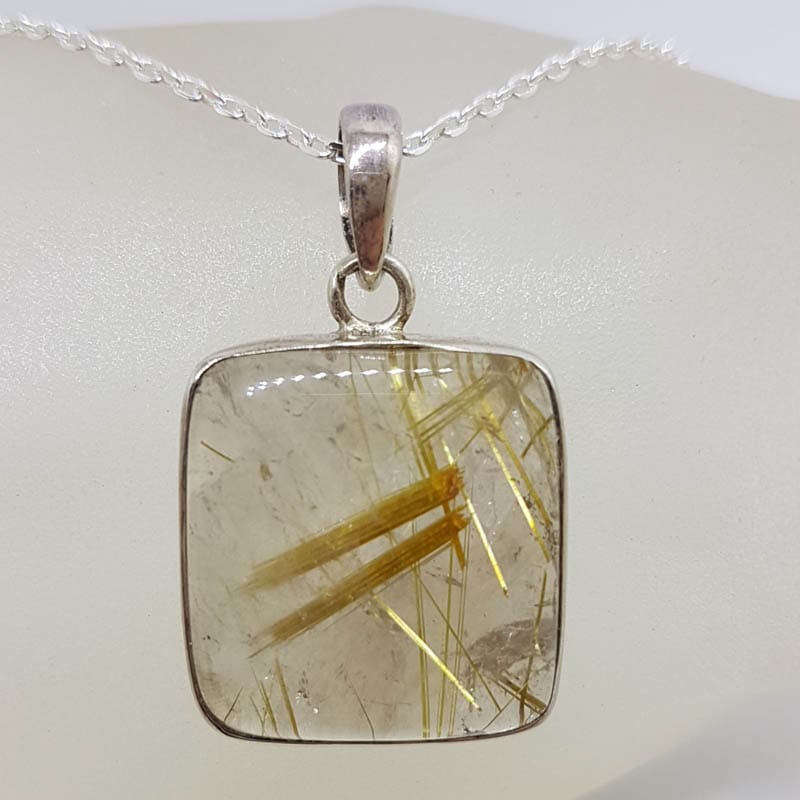 Sterling Silver Rutilated Quartz Large Square Bezel Set Pendant on Silver Chain