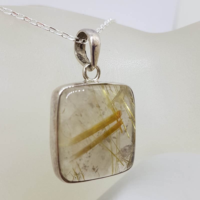 Sterling Silver Rutilated Quartz Large Square Bezel Set Pendant on Silver Chain