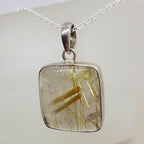 Sterling Silver Rutilated Quartz Large Square Bezel Set Pendant on Silver Chain