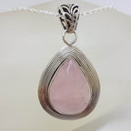 Sterling Silver Rose Quartz Teardrop / Pear Shape with Wide Patterned Rim Pendant on Silver Chain