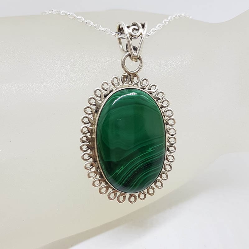 Sterling Silver Malachite Large Oval with Twist Rim Pendant on Silver Chain