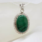 Sterling Silver Malachite Large Oval with Twist Rim Pendant on Silver Chain