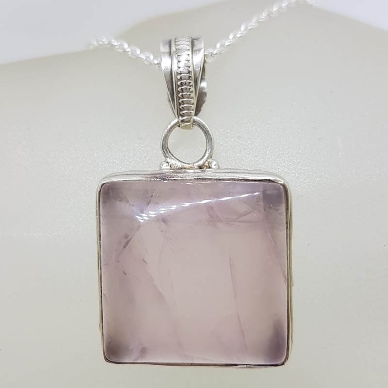 Sterling Silver Rose Quartz Square with Ornate Rim Pendant on Silver Chain