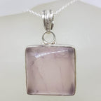 Sterling Silver Rose Quartz Square with Ornate Rim Pendant on Silver Chain