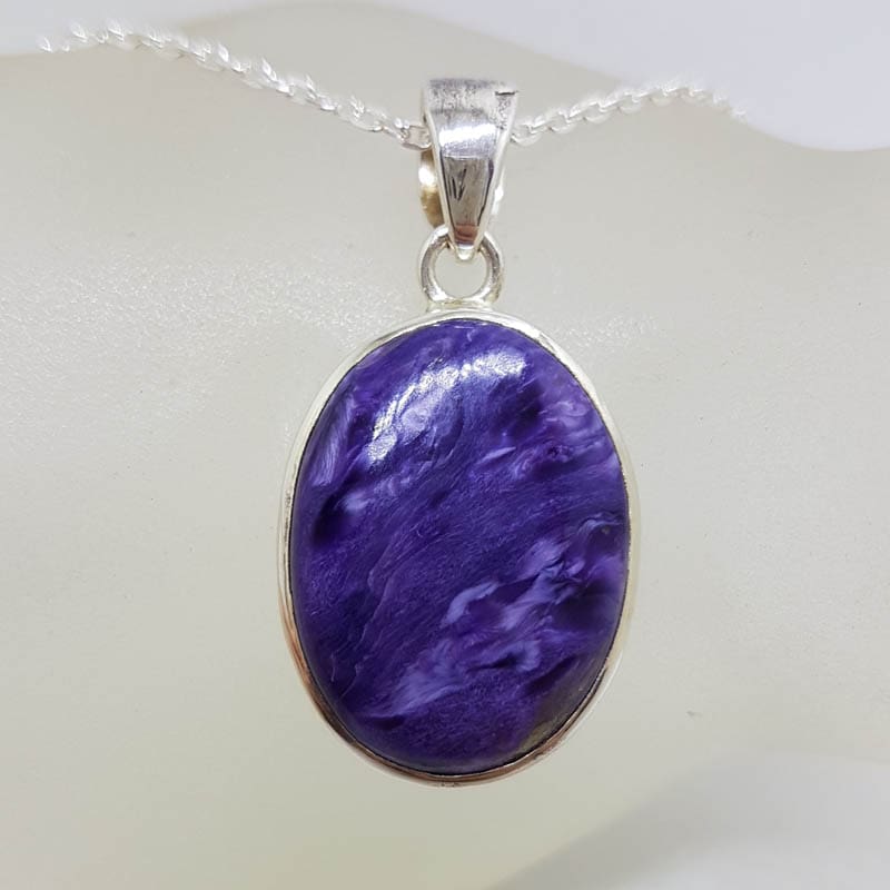 Sterling Silver Charoite Oval Bezel Set Pendant on Silver Chain