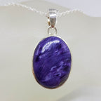 Sterling Silver Charoite Oval Bezel Set Pendant on Silver Chain
