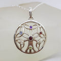 Sterling Silver Multi-Colour Gemstones Large Chakra Round Celtic Cluster Pendant on Silver Chain