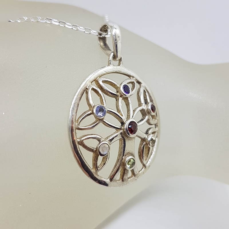 Sterling Silver Multi-Colour Gemstones Large Chakra Round Celtic Cluster Pendant on Silver Chain