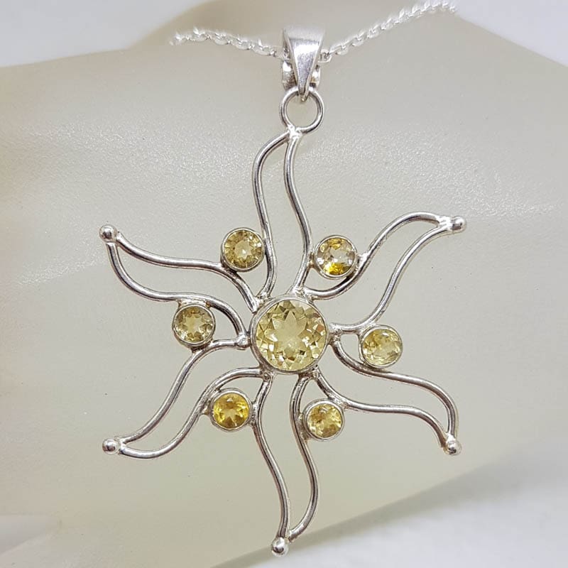 Sterling Silver Citrine Cluster Large Sun / Flower Pendant on Silver Chain