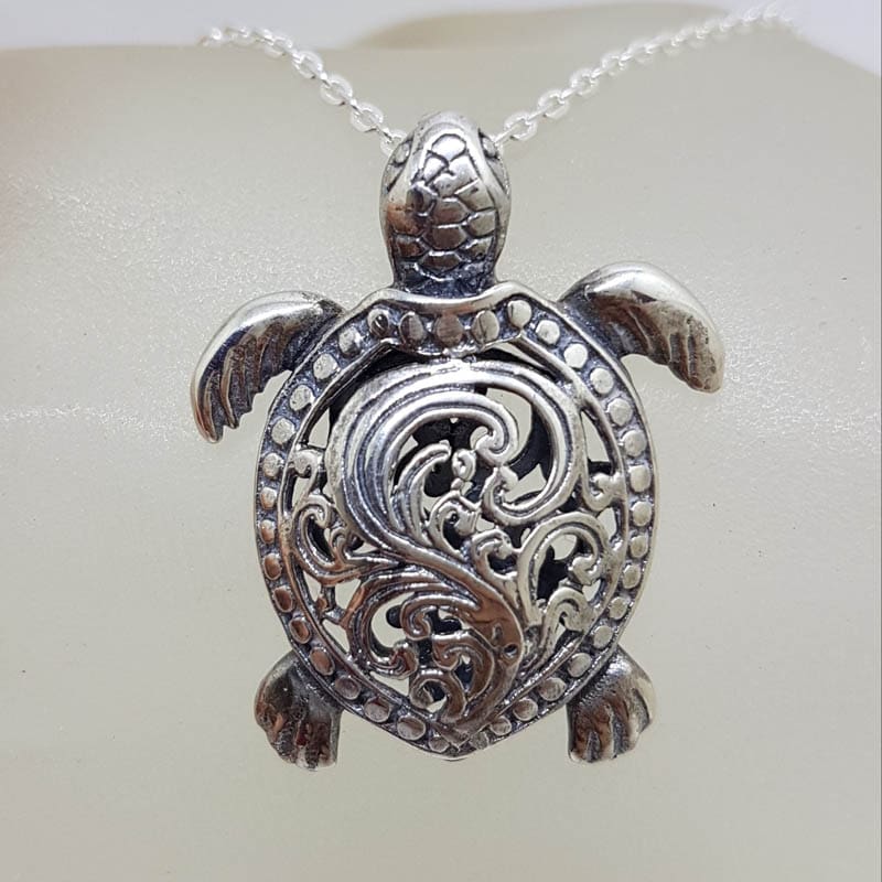 Sterling Silver Ornate Filigree Turtle / Tortoise Pendant on Silver Chain