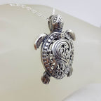 Sterling Silver Ornate Filigree Turtle / Tortoise Pendant on Silver Chain