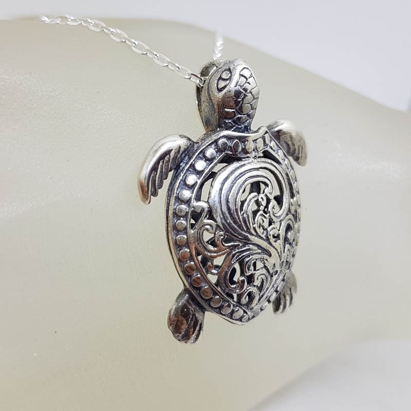 Sterling Silver Ornate Filigree Turtle / Tortoise Pendant on Silver Chain