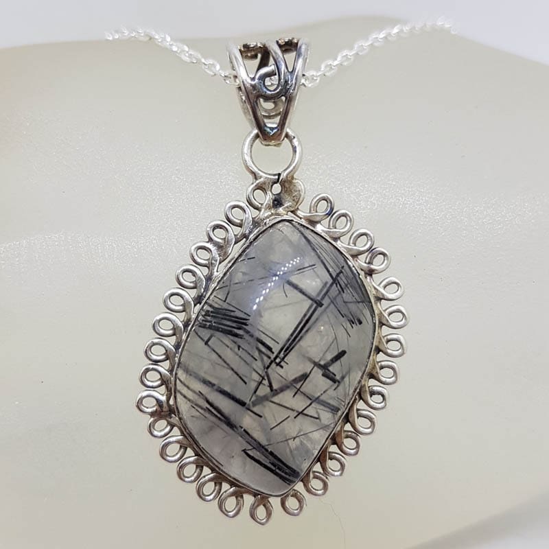 Sterling Silver Tourmalinated / Tourmaline Quartz Large Unusual Shape Ornate Twist Pendant on Silver Chain