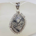 Sterling Silver Tourmalinated / Tourmaline Quartz Large Unusual Shape Ornate Twist Pendant on Silver Chain