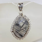Sterling Silver Tourmalinated / Tourmaline Quartz Large Unusual Shape Ornate Twist Pendant on Silver Chain